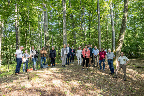 Eine Delegation um Ministerin Razavi (Mitte) besucht die keltische Viereckschanze Gerichtstetten bei Hardheim