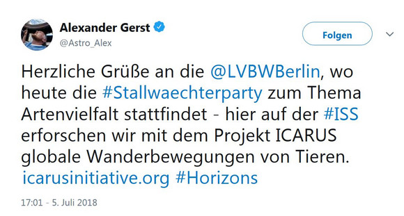 Stallwächterparty 2018 ARTEN VIELFALT LEBEN Auf der Social Media Wall der Stallwächterparty: Tweet von Alexander Gerst