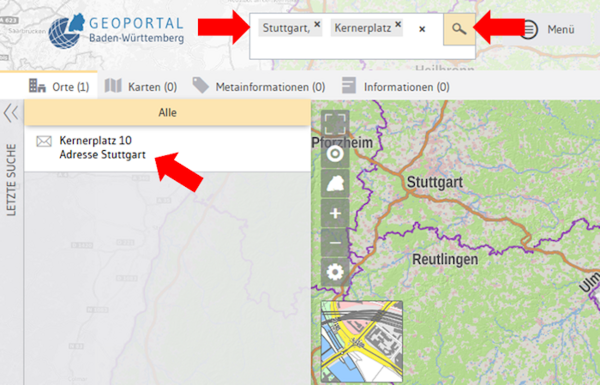 Geoportal Baden-Württemberg: Direkt auf dem Startbild gewünschte Adresse eingeben, und mit Klick auf die Lupe rechts bestätigen. Jetzt links in der Ergebnisliste den gewünschten Eintrag auswählen. Unten links kann eine andere Basiskarte ausgewählt werden z.B. Grundstücke oder Einstellung von Transparenzen.