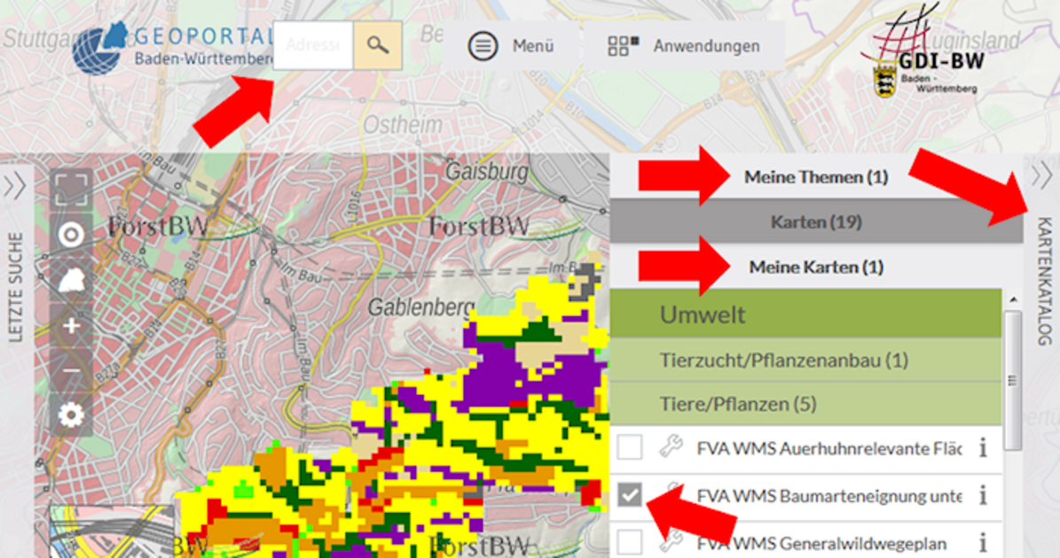 Geoportal Baden-Württemberg: Auf dem rechten Rand auf „Kartenkatalog“ klicken, unter „Meine Themen“ das Gewünschte auswählen, danach bei „Meine Karten“ das gewünschte WMS auswählen oder über die Suche oben in der Mitte nach einem Stichwort suchen. Es können alle möglichen WMS-Dienste kombiniert werden, die Anzeige wird jeweils sofort nach Anklicken aktualisiert.