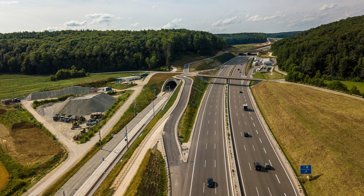 Aerial view of Highway A8 on the swabian alp