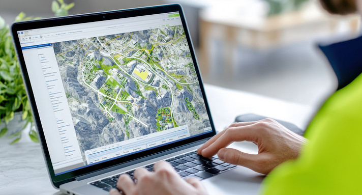 Eine Person analysiert am Laptop Satellitendaten und Geoinformationen.